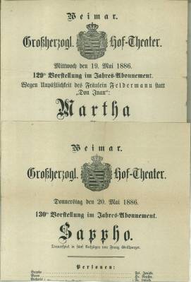 Zwei Theaterankündigungen des Großherzogl. Hof-Theater Weimar. Martha oder der Markt von Richmond...