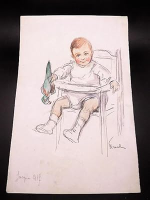 Dessin original de FERNEL. Portrait de Jacques Alf, un jeune enfant assis sur une chaise haute, u...