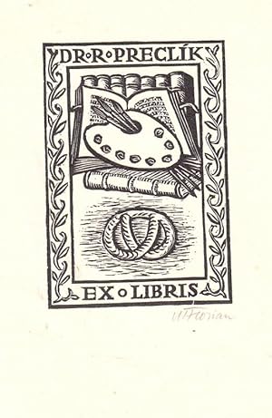 O-Holzschnitt " Ex Libris Dr. R. Preclik", 14,1 x 10 cm Büttenpapier. Unter dem Druck signiert.