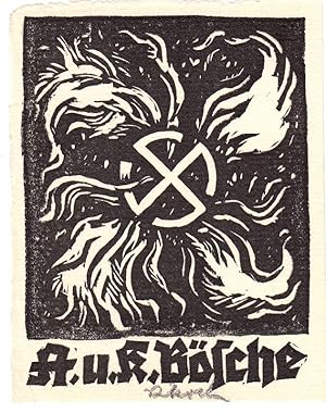 O-Holzschnitt, Exlibris "A. u. K. Bösche", 10 x 7,9 cm Büttenpapier. Unter dem Druck signiert. Rü...