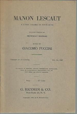 Immagine del venditore per Manon Lescaut: A Lyric Drama in Four Acts (libretto) venduto da Bookfeathers, LLC