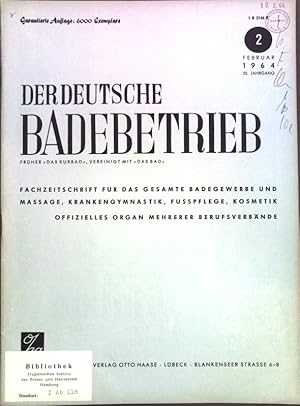 Seller image for Physikalische Therapie bei Fettleibigkeit; in: Heft 2 Der Deutsche Badebetrieb (frher "Das Kurbad", vereinigt mit "Das Bad"), Fachzeitschrift fr das gesamte Badegewerbe und Massage, Krankengymnastik, Fupflege, Kosmetik; for sale by books4less (Versandantiquariat Petra Gros GmbH & Co. KG)