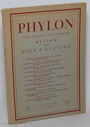 Bild des Verkufers fr Phylon: the Atlanta University review of race and culture vol. 13, #3; third quarter 1952 zum Verkauf von Bolerium Books Inc.