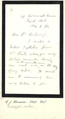 Imagen del vendedor de [ George John Romanes, evolutionary biologist. ] Autograph Letter Signed ('G. J. Romanes') to 'Mr. Harborough', regarding the application of Arthur Nicols to be a lecturer. a la venta por Richard M. Ford Ltd