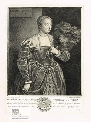 Image du vendeur pour Tizians Tochter Lavinia in Halbfigur nach viertelrechts in prunkvollem Kleid mit Perlenketten und Wedel aus Vogelfedern. Kupferstich von Pierre-Francois Basan nach dem Gemlde von Tizian aus "Receuil d'estampes d'apres les plus clbres tableaux de la Galerie Royale de Dresde" 1753 mis en vente par historicArt Antiquariat & Kunsthandlung