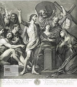 Bild des Verkufers fr Der auferstandene Christus mit den Erlsten der Vorhlle vor seiner leiblichen Mutter Maria, links Johannes der Tufer, im Hintergrund Moses mit den Gesetzestafeln. Groer Kupferstich von Guiseppe Camerata nach dem Gemlde von Andrea Vaccaro aus "Receuil d'estampes d'apres les plus clbres tableaux de la Galerie Royale de Dresde" 1757 zum Verkauf von historicArt Antiquariat & Kunsthandlung