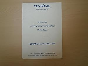 Imagen del vendedor de VENDOME HOTEL DES VENTES MONNAES ANCIENNES ET MODERNES MEDAILLES DIMANCHE 29 AVRIL 1984 a la venta por Le temps retrouv