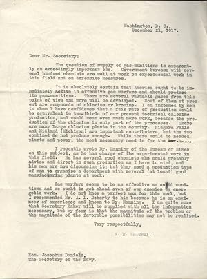 [GAS WARFARE] Carbon copy of letter sent by Willis R. Whitney to Secretary of the Navy Josephus D...