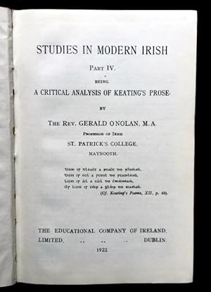 Bild des Verkufers fr Studies in Modern Irish - Part IV - Being a Critical Analysis of Keating's Prose zum Verkauf von Joe Collins Rare Books