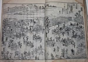 Eighteenth Century Japanese Woodblock Print Book Depicting Markets, Dutch Traders Looking at Mech...