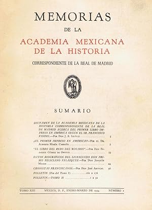 Seller image for MEMORIAS DE LA ACADEMIA MEXICANA DE LA HISTORIA. Correspondiente de la Real de Madrid. Tomo XIII. enero-marzo de 1954. N 1. for sale by Librera Torren de Rueda