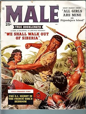 MALE-JAN 1959-NATIVE GIRL FIGHT COVER-BORAK-BAMA-KUNSTLER-PULP THRILL-WWII- VG