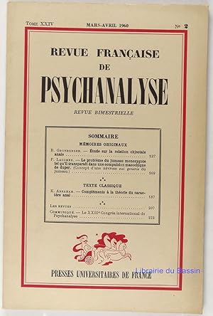 Bild des Verkufers fr Revue Franaise de Psychanalyse Tome XXIV n2 zum Verkauf von Librairie du Bassin