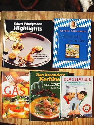 Seller image for Konvolut mit fnf Bcher: 1. Highlights. Einzigartige Kchenschtze fr Feinschmecker ; 2. Bayerisch genieen ; 3. Das besondere Kochbuch. Raffinierte Ideen mit Krutern und Gewrzen ; 4. Koch- Duell ( Kochduell). Mit 100 Rezepten aus der schnellsten Kochsendung der Welt ; 5. Gste verwhnen. Vom Frhstck bis zur Cocktailparty for sale by Versandantiquariat Manuel Weiner