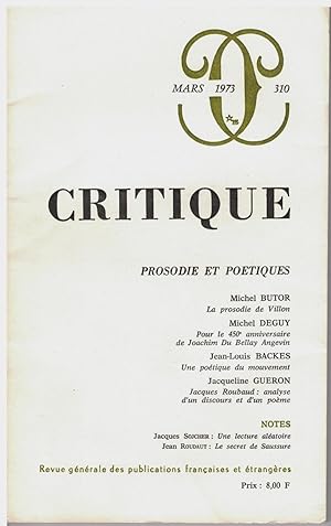 Seller image for Prosodie et potiques, Critique n 310, tome 29, mars 1973. for sale by Rometti Vincent