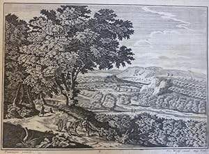 Orig. Kupferstich - Landschaft mit einer Kutsche und einem Hirten im Vordergrund - von Jeremias W...