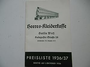 Preisliste Heeres - Kleiderkasse Gültig ab 1. Oktober 1936 ( Nachdruck )