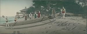 Japan, Panoramic View. Group of Europeans on the beach