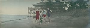 Japan, Panoramic View. Group of Europeans on the beach