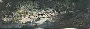 Japan, Panoramic View. Group posing on a bridge