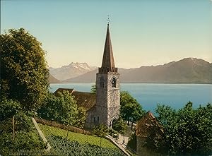 Bild des Verkufers fr Lac Lman. Montreux. L?glise et la Dent du Midi. zum Verkauf von photovintagefrance