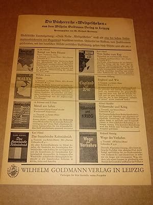 Seller image for Werbeprospekt - Die Bcherreihe Weltgeschehen aus dem Wilhelm Goldmann Verlag in Leipzig - herausgegeben von Dr. Gerhard Herrmann. Preisangabe in M (Mark). for sale by GAENSAN Versandantiquariat