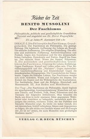 Imagen del vendedor de Zweifach aufklappbares Werbefaltblatt mit verzeichneten Bchern aus dem Verlag C. H. Beck, Mnchen. U.a. Benito Mussolini, Der Faschismus - Insgesamt werden 6 Bcher beworben. Wohl aus den 1960er Jahren. a la venta por GAENSAN Versandantiquariat