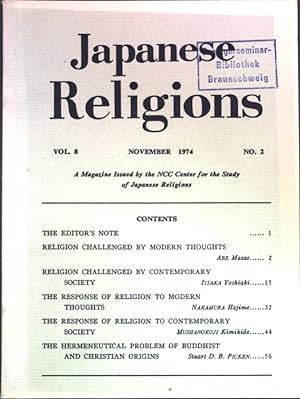 Bild des Verkufers fr The response of religion to modern thoughts; in: Vol. 8 No. 2 Japanese Religions - A Magazine Issued by the NCC Center for the Study of Japanese Religions; zum Verkauf von books4less (Versandantiquariat Petra Gros GmbH & Co. KG)