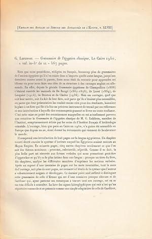 "G. Lefebvre: Grammaire de l'égyptien classique." [BOOK REVIEW]. (Annales du Service des Antiquit...