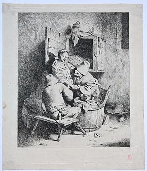 [Antique print, etching] A man caressing the young hostess, published ca. 1650.