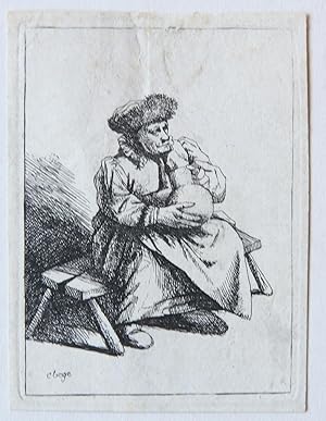 [Antique print, etching] A woman seated, holding a large jug, after 1664.