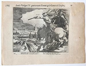 Copperplate etching/engraving of the siege of Axel, in the Dutch province of Zeeland, by Prince M...