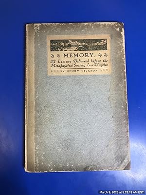 Immagine del venditore per Memory : a lecture delivered before the Metaphysical Society, Blanchard Hall, Broadway, Los Angeles, California, April 12-13, 1909 venduto da Redux Books