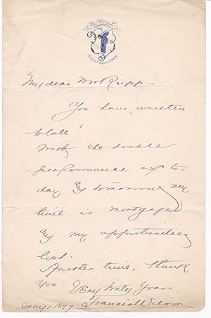 AUTOGRAPH LETTER SIGNED BY AMERICAN STAGE ACTOR AND FOUNDING PRESIDENT OF ACTORS EQUITY FRANCIS W...