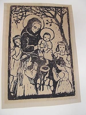 Maria mit dem Jesuskind im Kreis einige Mädchen. Holzschnitt, auf Papier, signiert.