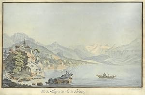 BRIENZ. "Vue du Village & du Lac de Brienz". Ansicht vom See aus, links zwei Angler auf einem Fel...