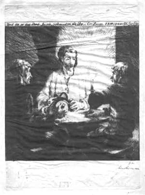 "Und da er das Brot brach, erkannten sie ihn. Ev. Lucas XXIV. 30 u. 31". Original-Radierung.