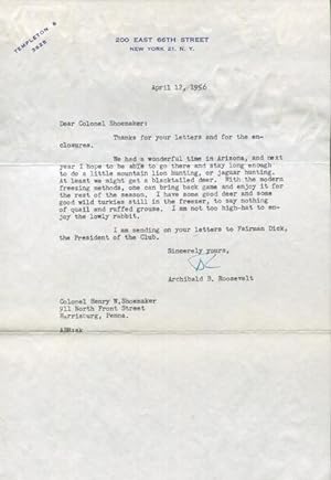 Roosevelt, Archibald. Typed Letter Signed, April 12, 1956. One page to Colonel Henry W. Shoemaker