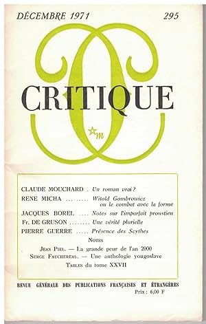 Seller image for Critique n 295, tome XXVII, dcembre 1971. for sale by Rometti Vincent