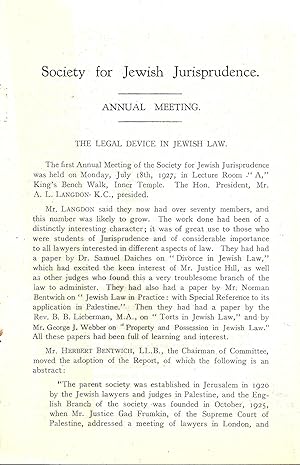 ANNUAL MEETING: THE LEGAL DEVICE IN JEWISH LAW