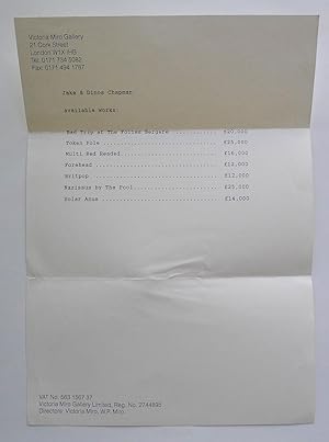 Bild des Verkufers fr Single sheet stock list with prices. Victoria Miro Gallery, London zum Verkauf von Roe and Moore