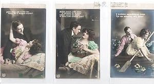 SUITE OF SIX (6) SILVER GELATIN, COLOR-EMBELLISHED POSTCARDS SHOWING COUPLES IN VARIOUS ROMANTIC ...