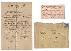 2 pièces manuscrites : 1 carte de visite manuscrite adressée au peintre Auguste Guillaumot alors ...
