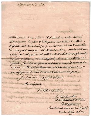 Lettre autographe signée adressée à un Secrétaire d'État de Charles X : "Monseigneur, si votre Ex...