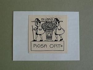 Seller image for Exlibris fr Rosa Ort. Motiv: Zwei Mnner tragen mit einer Stange einen groen Korb voller Rosen, auf diesem prangt ein "R" for sale by Antiquariat Weber