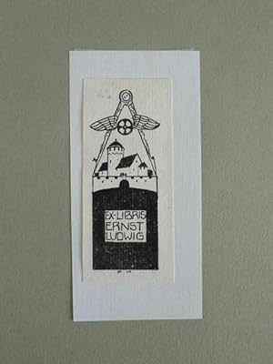 Bild des Verkufers fr Exlibris fr Ernst Ludwig. Motiv: Zirkel mit Flgel-Symbol, darunter eine Burg zum Verkauf von Antiquariat Weber