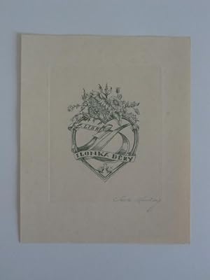Exlibris für Ilonka Déry. Motiv: Herz mit Blumen und Eigner-Monogramm. Signiert