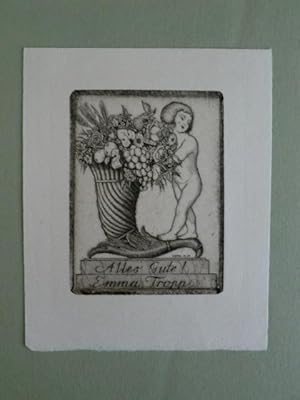 Bild des Verkufers fr Graphik / Exlibris Emma Tropp. Motiv: Kindlicher Akt mit Fllhorn. Text: Alles Gute! zum Verkauf von Antiquariat Weber