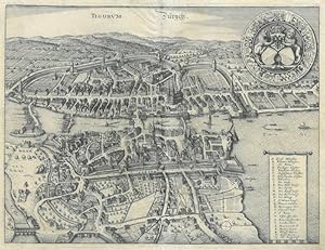 ZÜRICH. "Tigurum - Zürych". Gesamtansicht aus halber Höhe, großes Wappen rechts oben, Legende rec...