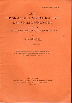 Seller image for Zur Physiologie und Pathologie der Spaltffnungen II.Mitteilung die for sale by Clivia Mueller